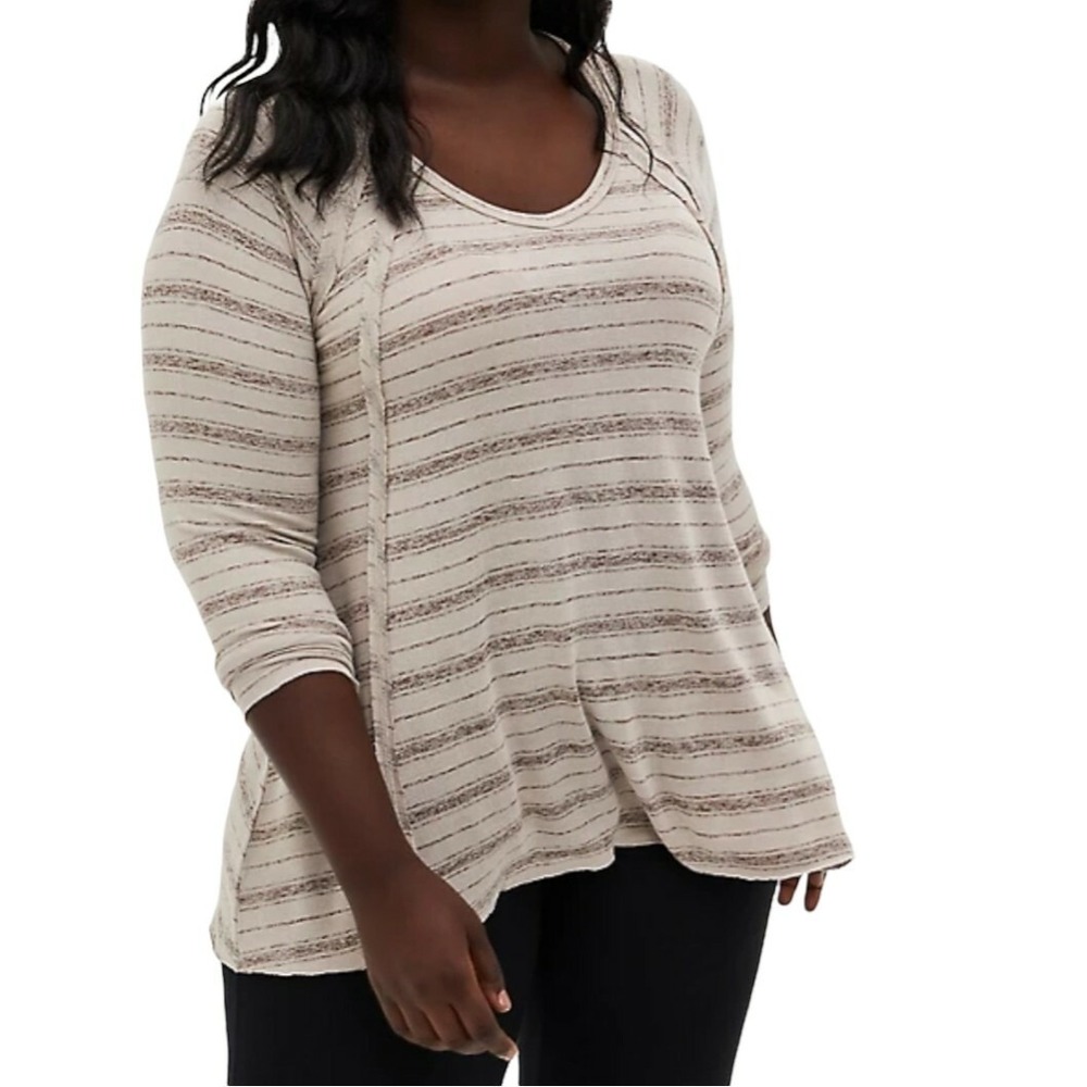 Torrid Womens 4 4X Taupe Striped Exposed Seam Raw Edge Knit Swing Tunic Top